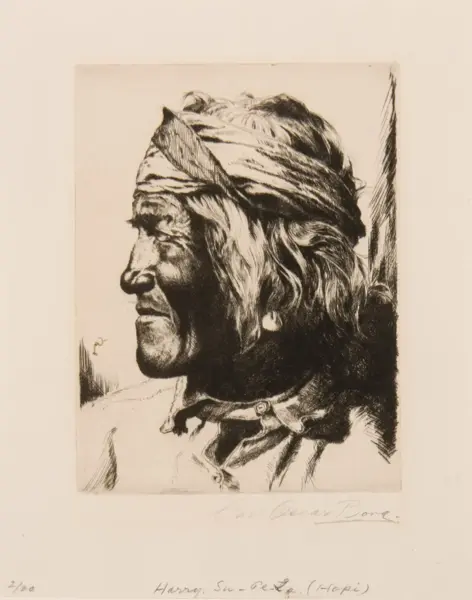 Profile view of a Hopi man with a wrapped headband and long hair, shown in a detailed black-and-white etching.