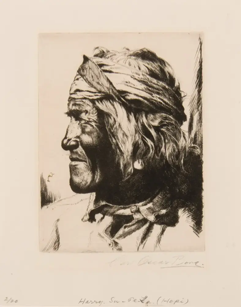 Profile view of a Hopi man with a wrapped headband and long hair, shown in a detailed black-and-white etching.