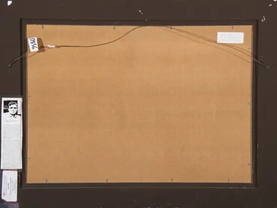 Back of a framed artwork showing a brown frame, beige burlap backing, and hanging wires across the top with labels on the left edge.