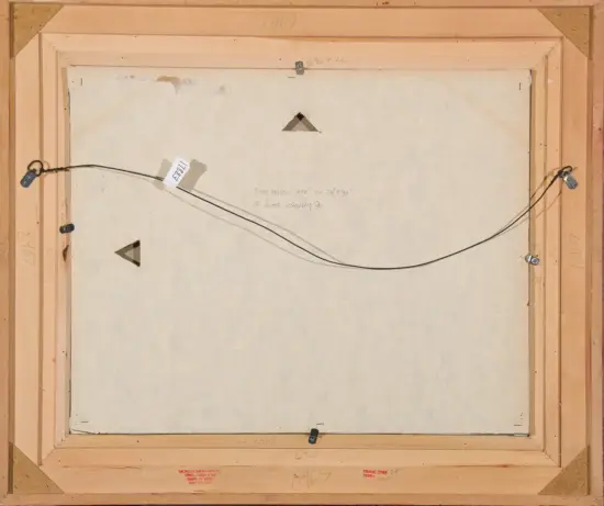 Back of a stretched canvas in a wooden frame; a hanging wire runs across the back attached to metal hardware on the sides, with handwritten notes on the frame.