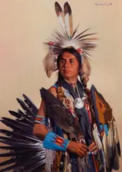 Portrait of a Native American man in ceremonial regalia, wearing a feather headdress, beaded bracelets, and traditional attire.