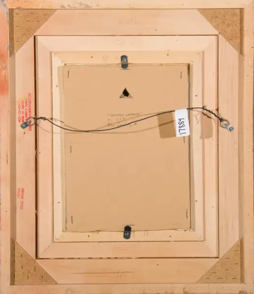 Back of a framed painting showing the wooden stretcher, hanging wire attached to metal screws, and a triangular hole in the back panel with handwritten notes and red stamps along the edge.