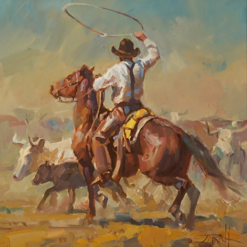 Impressionistic scene of cowboys on horseback roping a steer with a lasso against a warm desert landscape.