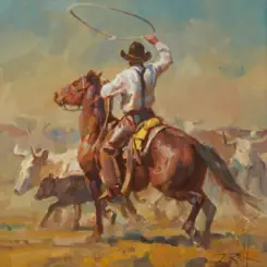 Impressionistic scene of cowboys on horseback roping a steer with a lasso against a warm desert landscape.