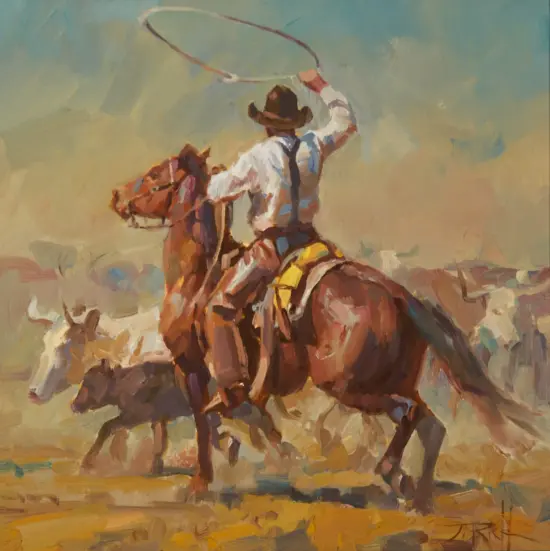 Impressionistic scene of cowboys on horseback roping a steer with a lasso against a warm desert landscape.