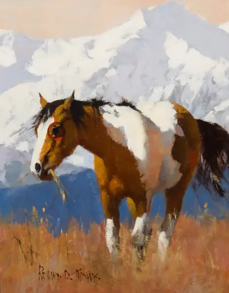 Painted pony with brown and white coat standing in a snowy mountain landscape, warm tones in foreground.