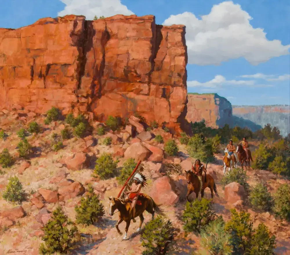 Oil painting of a desert canyon with tall red rock cliffs and a group of Native American riders on horseback traveling through rocky scrub.