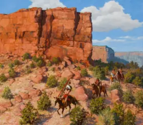Oil painting of a desert canyon with tall red rock cliffs and a group of Native American riders on horseback traveling through rocky scrub.