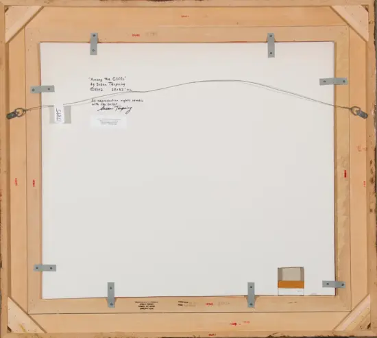 Back of a stretched canvas on a wooden frame, with metal brackets and a hanging wire, plus small labels and a canvas patch on the bottom-right.