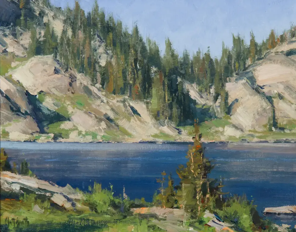 Impressionist landscape of a lake surrounded by pine-covered hills and rocky slopes under a blue sky.