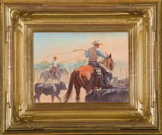 Western painting of two cowboys on horseback roping cattle in a dusty ranch landscape with a flat horizon and cattle nearby.