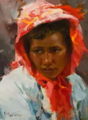 Impressionistic portrait of a person with dark hair wearing a bright red headscarf, looking slightly to the left.
