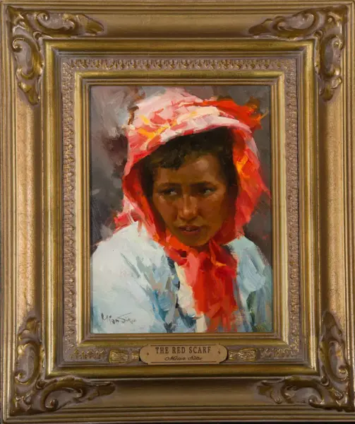 Oil painting portrait of a person wearing a bright red scarf, framed by an ornate gold frame titled 'The Red Scarf'.