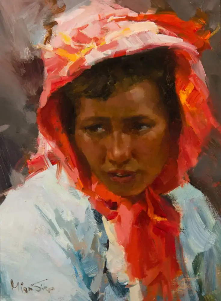 Impressionistic portrait of a person with dark hair wearing a bright red headscarf, looking slightly to the left.