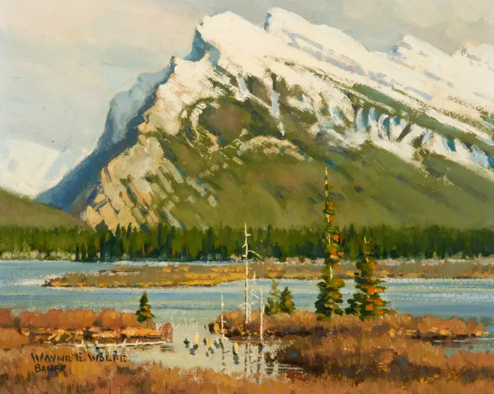Snowy, snow-capped mountain rising above a green forest and a calm lake, in an impressionistic landscape painting.