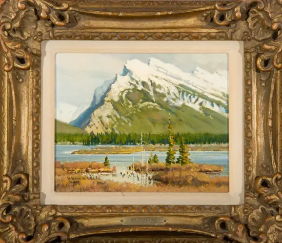 Framed landscape painting of a snow-capped mountain, forest, and lake, titled Mount Rundle.