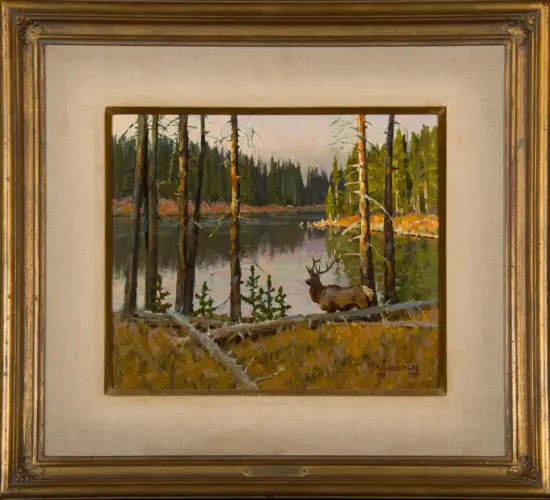 Oil painting showing a deer with large antlers standing by a calm lake, framed by tall pine trees and autumn foliage in a forest setting.