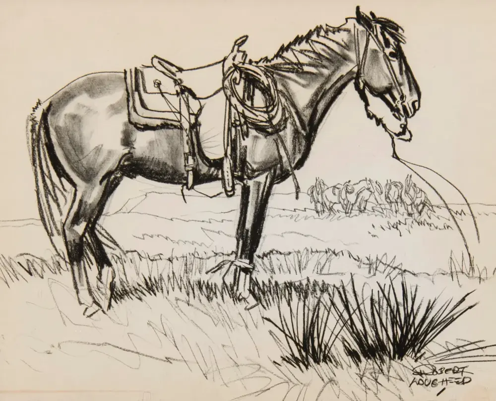 Saddled horse standing in tall grass with a distant group of riders on the horizon; a simple pencil sketch.