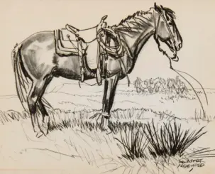 Saddled horse standing in tall grass with a distant group of riders on the horizon; a simple pencil sketch.