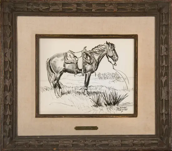 Charcoal sketch of a saddled horse standing in a grassy field, framed in an ornate dark wood frame.