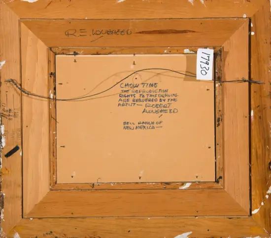 Back of a wooden-framed painting with brown paper backing, a hanging wire across the center, and blue handwritten notes on the paper (includes 'SHOW TIME').