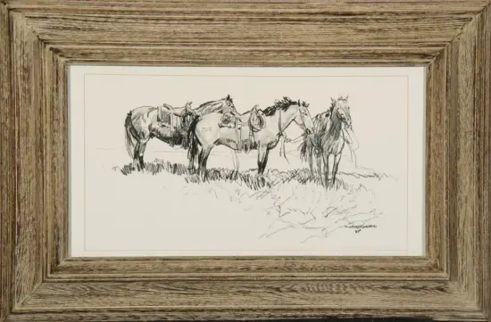 Pencil sketch of several horses standing in a grassy field, framed by a rustic, weathered wooden frame.