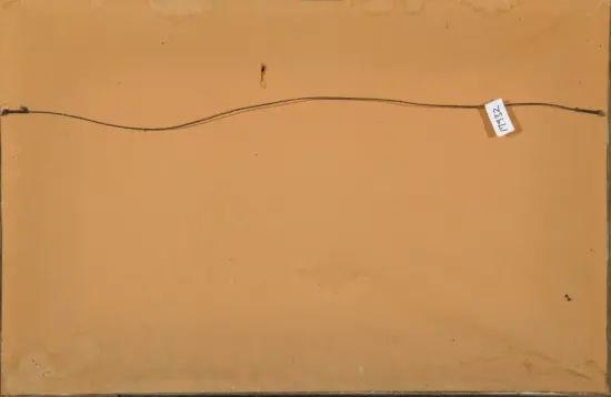Brown cardboard background with a thin, curved wire stretched horizontally across the middle, tied at the left end and a small white tag attached toward the right end