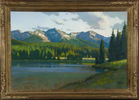 Landscape painting: a lake bordered by dense evergreen forest and distant blue mountains under a cloudy sky, in a gold ornate frame.