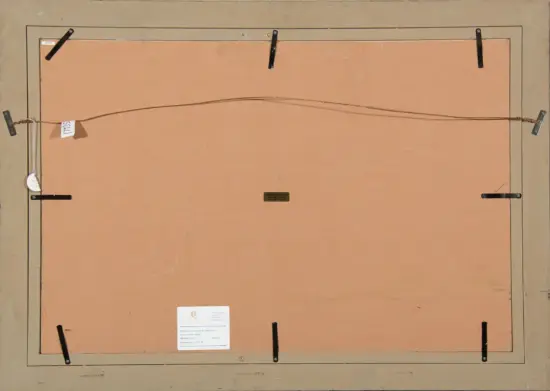 Back of a framed artwork showing a hanging wire stretched across with clamps at the ends and side braces, plus small labels attached