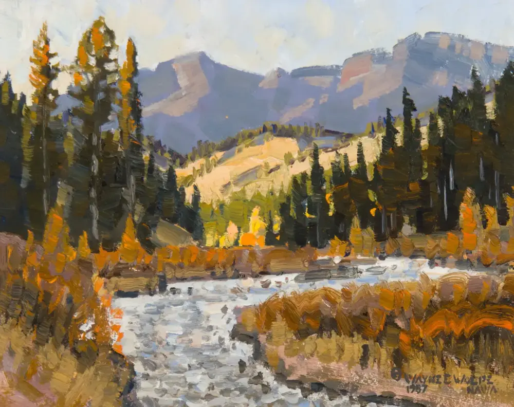 Impressionist landscape: forested valley with a river and distant mountains, in warm autumn tones.