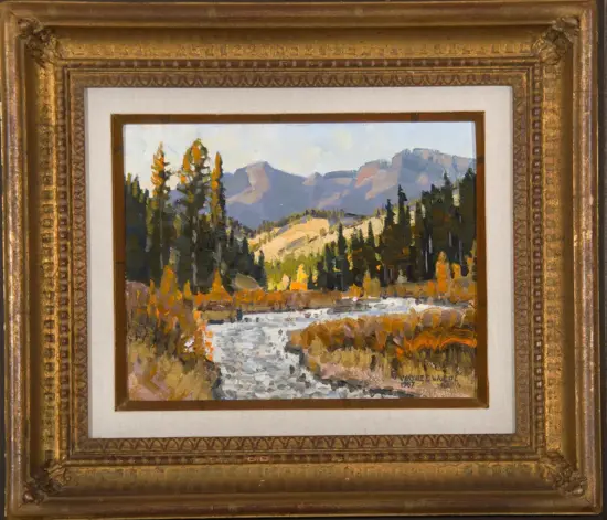 Landscape painting of a mountain valley with a flowing river, pine trees, and autumn foliage under a pale sky, framed in a gold ornate frame.