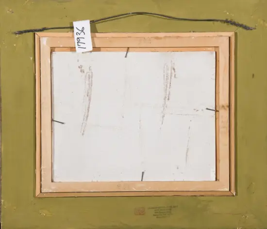 Back of a framed painting: wooden stretcher bars, canvas, hanging wire, and a white tag labeled 17936