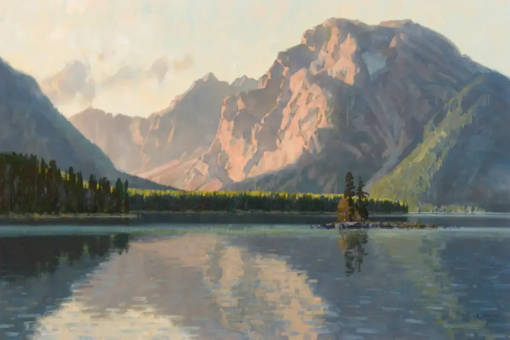 Alpine landscape painting showing jagged mountains reflected in a calm lake with a forested shoreline.