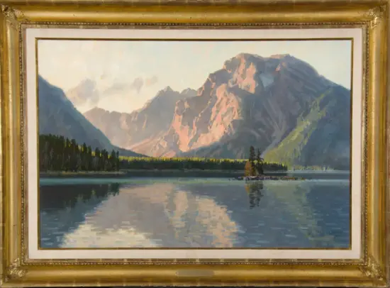 Landscape painting of a calm lake with forested shoreline and jagged mountains glowing in pale light.