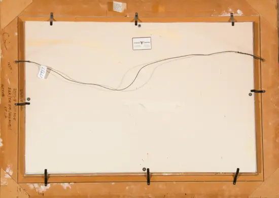 Back of a framed painting showing a hanging wire, clamps, and a small label on the canvas center.