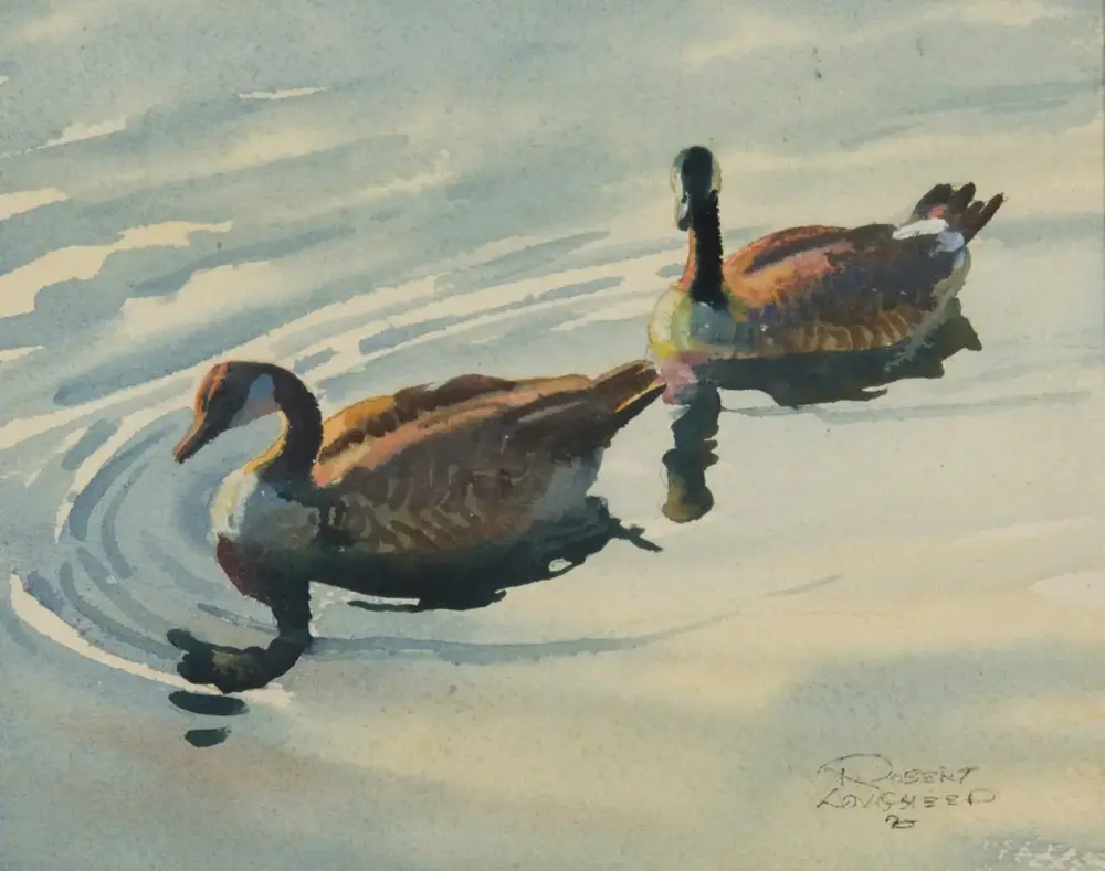 Two ducks paddling on light-blue water in a soft watercolor painting.