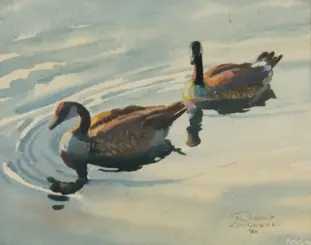 Two ducks paddling on light-blue water in a soft watercolor painting.