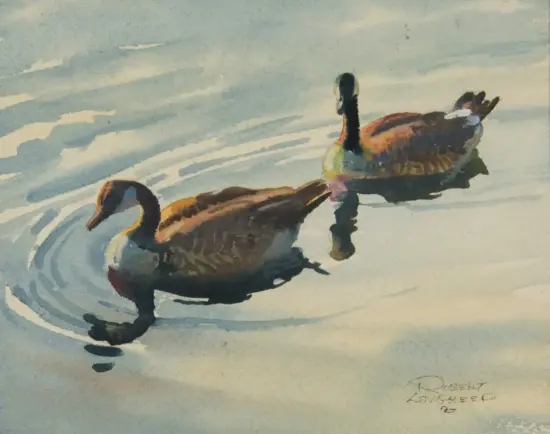 Two ducks paddling on light-blue water in a soft watercolor painting.