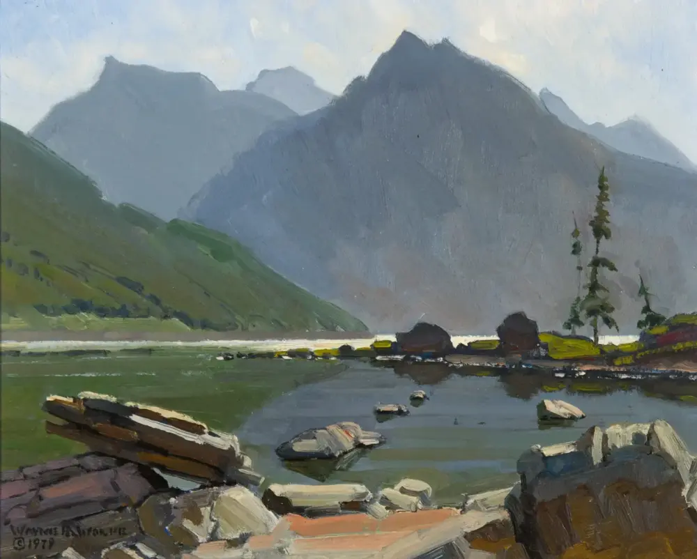 Oil painting of a tranquil lake at the base of tall blue mountains, with a rocky shoreline and evergreen trees on the right.