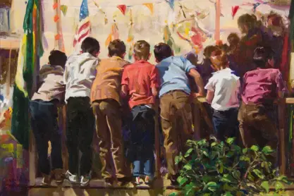 Group of children leaning over a railing at a colorful festival with flags overhead