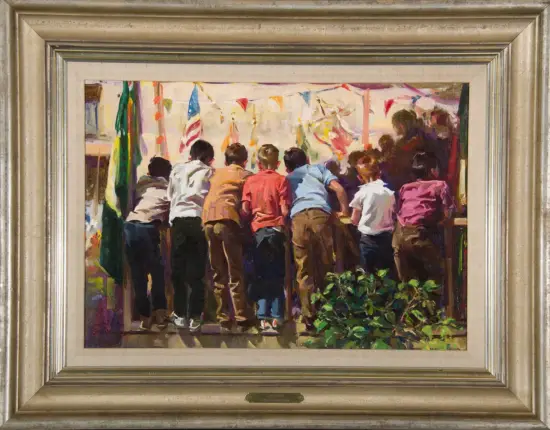 Group of children leaning on a railing at a colorful festival with pennant banners in the background.