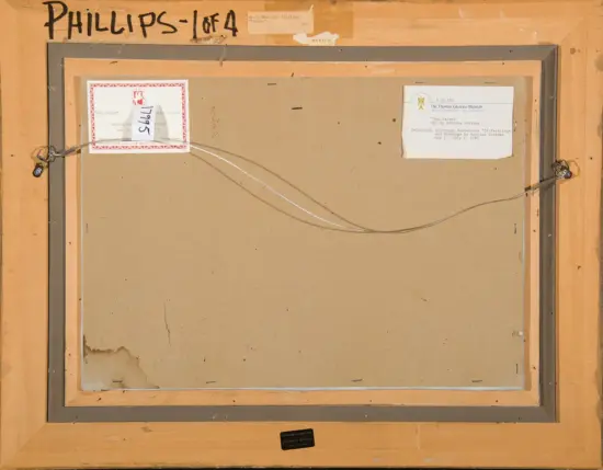 Back of framed artwork showing hanging wire, labels, and a wood frame; handwritten 'PHILLIPS-1 OF 4' along the top edge.