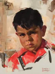 Portrait of a young boy with dark hair in a red shirt, painted in loose, expressive brushstrokes with a pale abstract background; signed Bettina Steinke at the bottom right.