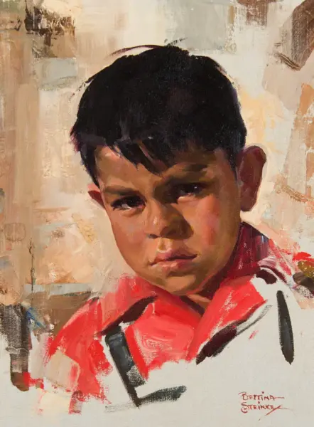 Portrait of a young boy with dark hair in a red shirt, painted in loose, expressive brushstrokes with a pale abstract background; signed Bettina Steinke at the bottom right.