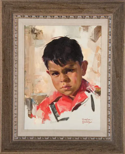 Portrait of a young boy with dark hair and a red shirt, painted with bold brushstrokes and framed in a wooden frame.