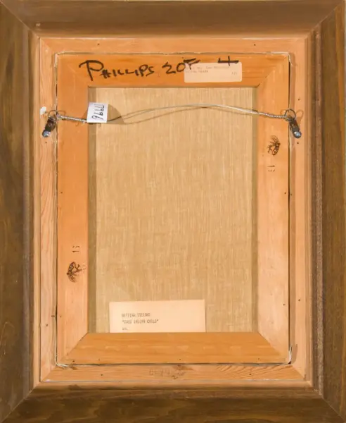 Back of a wooden-framed canvas: label reads Bettina Steinke 'Taos Indian Child', with hanging wire attached.