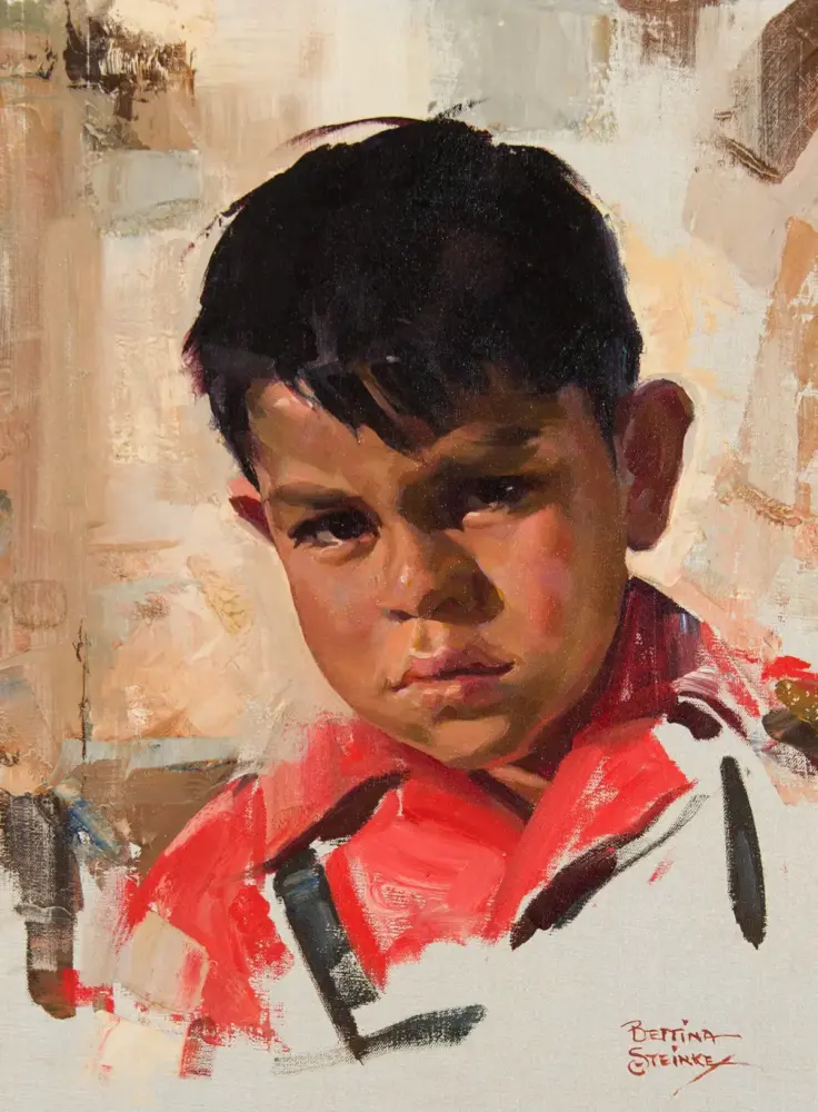 Portrait of a young boy with dark hair in a red shirt, painted in loose, expressive brushstrokes with a pale abstract background; signed Bettina Steinke at the bottom right.