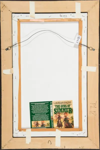 Rear view of a framed painting: visible hanging wire with eye hooks, inner and outer wooden frames, taped joints, and a green-and-yellow poster affixed near the bottom.