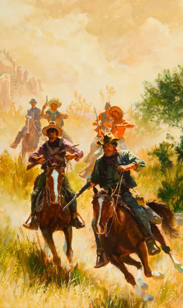 Group of cowboys on horseback riding through tall golden grass in a sunlit western landscape.