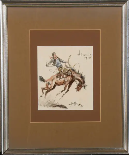 Sketch of a cowboy riding a bucking horse, with lasso, numbered horse (70), Arizona 1975 inscription, framed in brown matting.